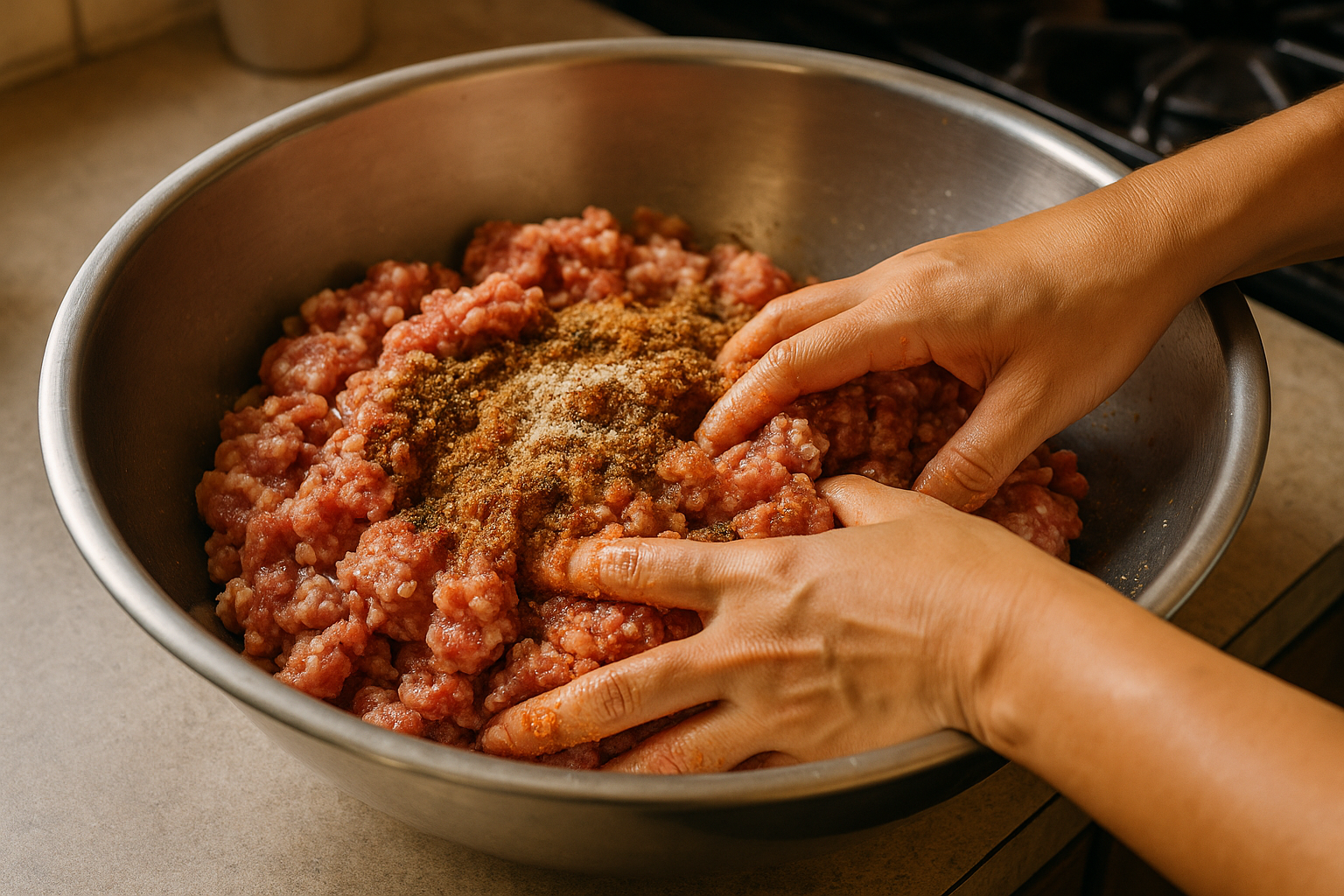 mixing pork for longganisa